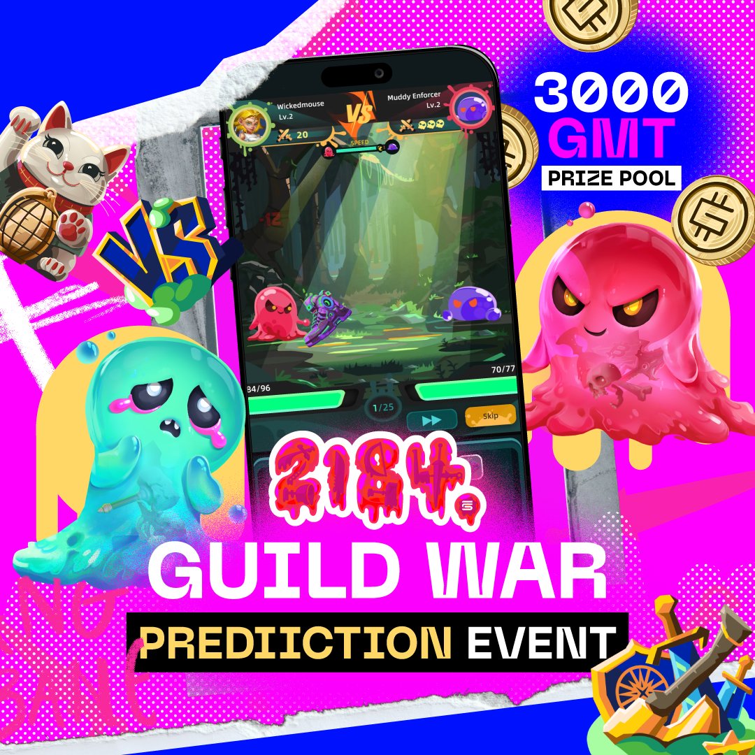 2184Official's tweet photo. 2184 Guild War Prediction #5 ⚔️

Predict the Top 4 guilds for the upcoming #2184Game Guild War and win from a 3,000 GMT Prize Pool! 

How to enter:
❤️ Like, RT + Follow
🗨️ Comment in this format:
1st: [Guild Name]  
2nd: [Guild Name]  
3rd/4th: [Guild Name], [Guild Name]

We’ll randomly select 3 lucky winners who correctly guess all Top 4 guilds and each will receive 1,000 GMT!

Predictions close at 12:00 PM UTC on 25th September.

Registration is open, play now ⤵️
https://t.co/AHPdHV511s