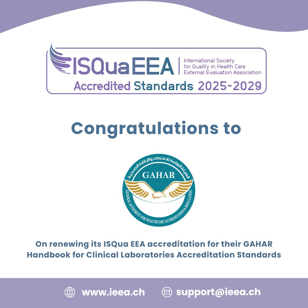 Happy to announce that The General Authority for Healthcare Accreditation &amp; Regulation (GAHAR) has successfully renewed its ISQua EEA accreditation for their GAHAR Handbook for Clinical Laboratories Accreditation Standards. Congratulations to their team for this accomplishment!🤝
