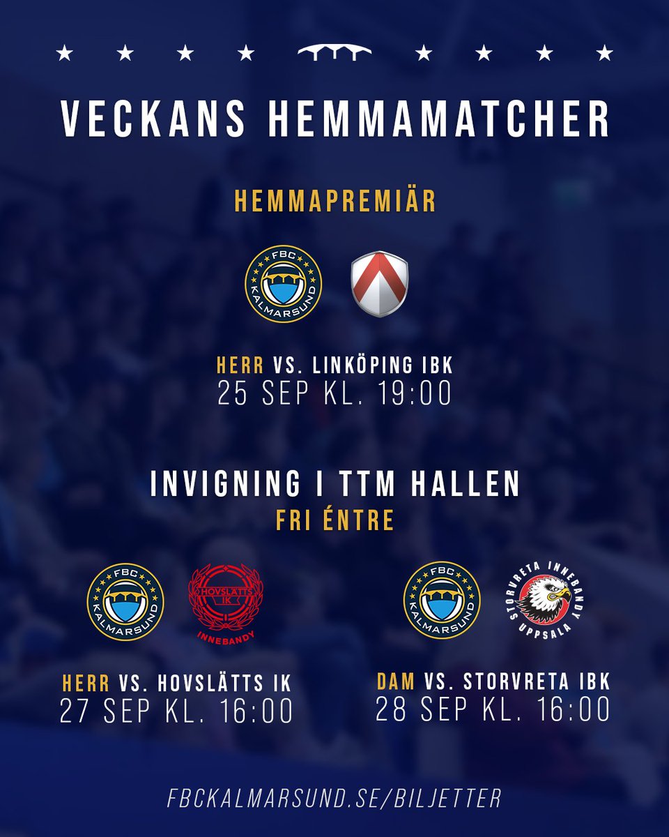 Veckans matcher i TTM hallen! 🗓️

En händelserik vecka väntar med hemmapremiär på torsdag och invigning av TTM hallen med fri entré under helgen! 😃

🎫 Boka dina biljetter på fbckalmarsund.se/biljetter