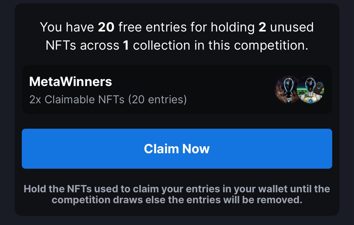 NEW <a href="/MetaWin/">METAWIN.COM</a> COMP

A PUDGY PENGUIN top 1000 rank to win   

Value: $52k 🤯💥

<a href="/Meta_Winners/">MetaWinners NFT</a> staked = 10 entries each

<a href="/pudgypenguins/">Pudgy Penguins</a> holder = 10 entries each 

<a href="/LilPudgys/">Lil Pudgys</a> holder = 3 entries each

Draw in 4 days on September 26th

Don’t miss your chance anon 🫡