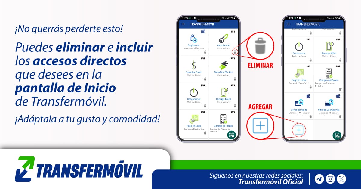 ¿Sabías que puedes modificar la pantalla #Inicio que aparece por defecto al abrir #Transfermóvil? 🤔

Así es. Puedes eliminar y agregar los accesos directos que prefieras. Te recomendamos incluir los servicios que utilizas con frecuencia para acceder a ellos de forma rápida. 📲😉