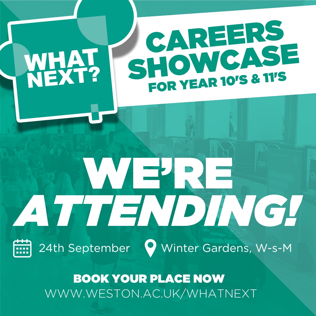 Tomorrow we’re at the <a href="/westoncollege/">Weston College</a> ‘What Next?’ Careers Showcase!

Year 10 &amp; 11 students – come chat about graphic design, print, and marketing and explore your future in the creative industry 💡

📍 Winter Gardens, WSM | 5–7:30 pm