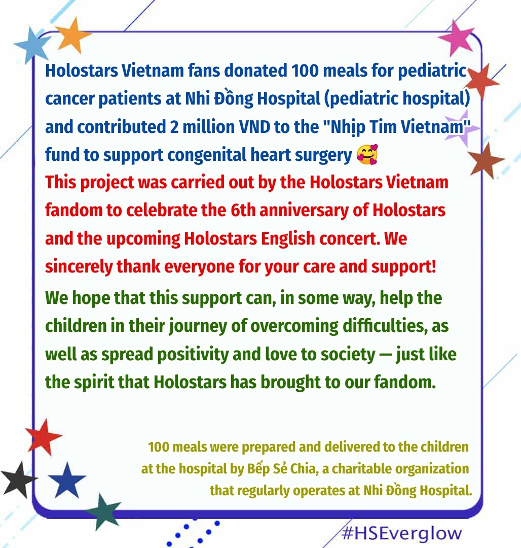 MinhNhiNg's tweet photo. Holostars Vietnam fans donated 100 meals for pediatric cancer patients at Nhi Đồng Hospital (pediatric hospital) and contributed 2 million VND to the "Nhịp Tim Vietnam" fund to support congenital heart surgery 🥰
#ホロスターズ大運動会 #HSEverglow https://t.co/Tga8GexKjh