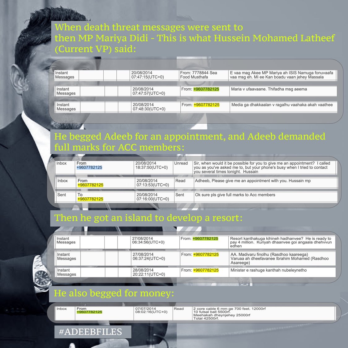 Current Vice President <a href="/HucenSembe/">Hussain Mohamed Latheef</a>  even begged Adeeb, took money, and received an island to develop a resort.
#AdeebFiles