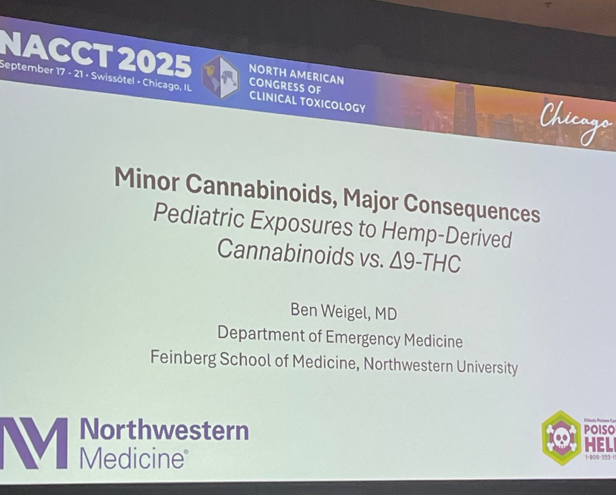 Ben Weigel of <a href="/NorthwesternEM/">Northwestern EM</a> presents his research comparing pediatric exposures to regular cannabis and hemp derived cannabis products.  Conclusion was that Hemp derived products had more acute toxicity, likely due to the lack of regulation. <a href="/toxikonchicago/">Toxikon Chicago</a>