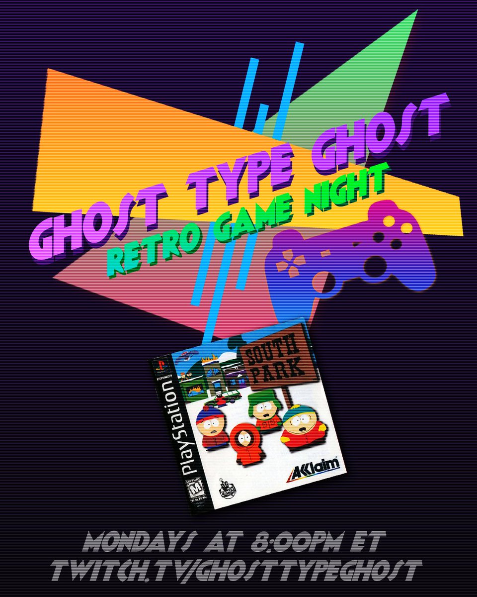 GhostTypeGhost's tweet image. Next game request is South Park for PS1! We will be starting this tonight 9/22! Expect a nice, chill stream while vibing out to retro games!
