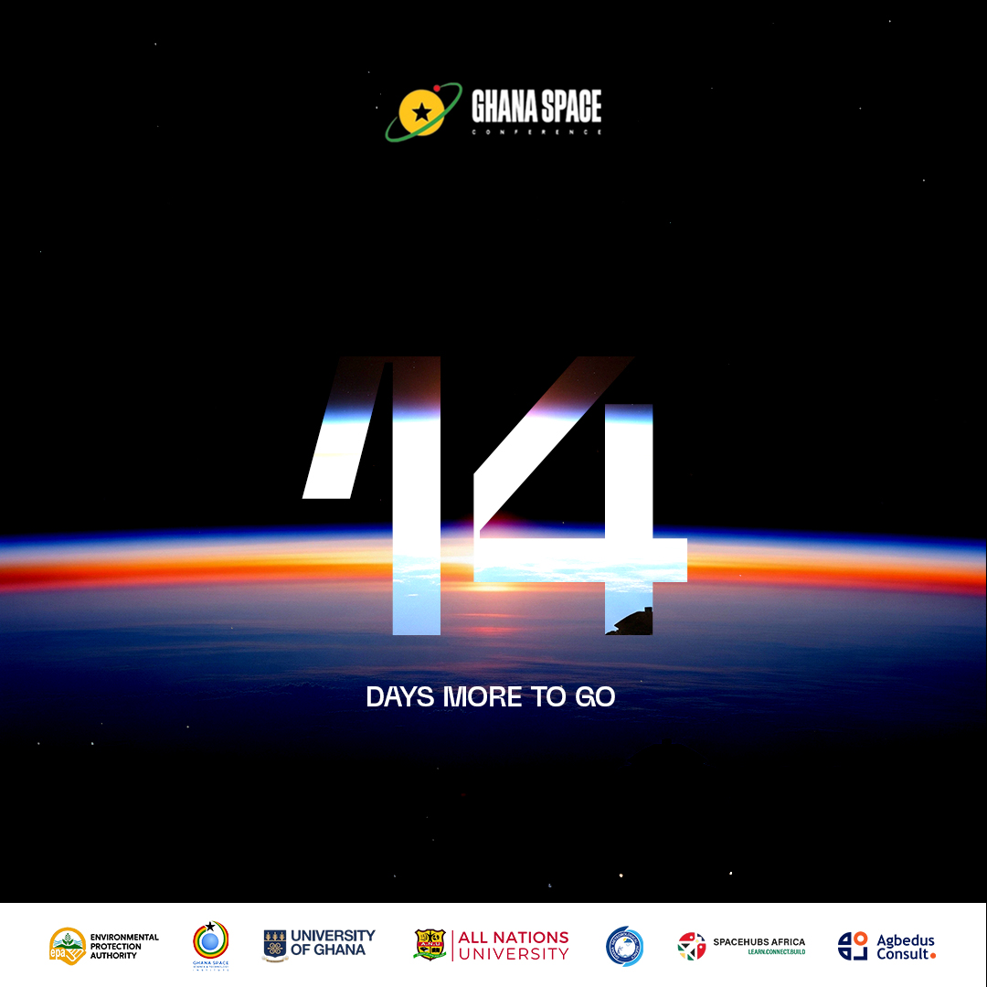Just 14 days to go until #GSC2025 in Accra 

6–8 Oct | Policymakers, researchers, industry leaders &amp; youth will gather to shape Africa’s space future.

Hurry &amp; grab your ticket now! 🔗 ghanaspaceconference.org

#GhanaSpaceConference #AfricaSpace