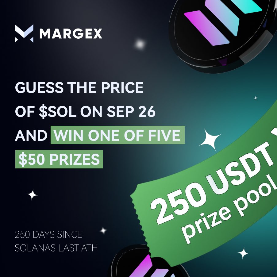Margex (@margexcom) on Twitter photo πΈ Itβs been 250 days since #Solanaβs last ATH!
And weβre launching a prediction contest:
Guess the price of $SOL on Sep 26 and win 50 USDT!
π― To Join:
βͺοΈ Like & RT
βͺοΈ Follow <a href="/Margexcom/">Margex</a>
βͺοΈ Drop your $SOL price prediction in the comments β¬οΈ
π The 5 closest predictions will πΈ Itβs been 250 days since #Solanaβs last ATH!
And weβre launching a prediction contest:
Guess the price of $SOL on Sep 26 and win 50 USDT!
π― To Join:
βͺοΈ Like & RT
βͺοΈ Follow <a href="/Margexcom/">Margex</a>
βͺοΈ Drop your $SOL price prediction in the comments β¬οΈ
π The 5 closest predictions will