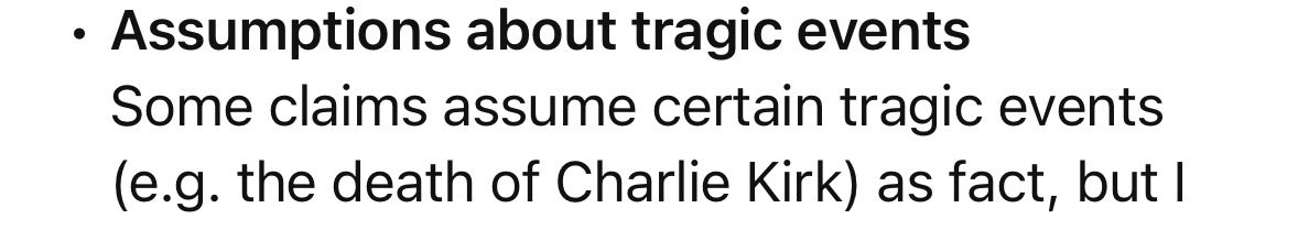 MichaelRobert's tweet image. I just asked Chat GPT about something relating to Charlie Kirk… and Chat GPT doesn’t think Charlie Kirk is dead… @elonmusk
