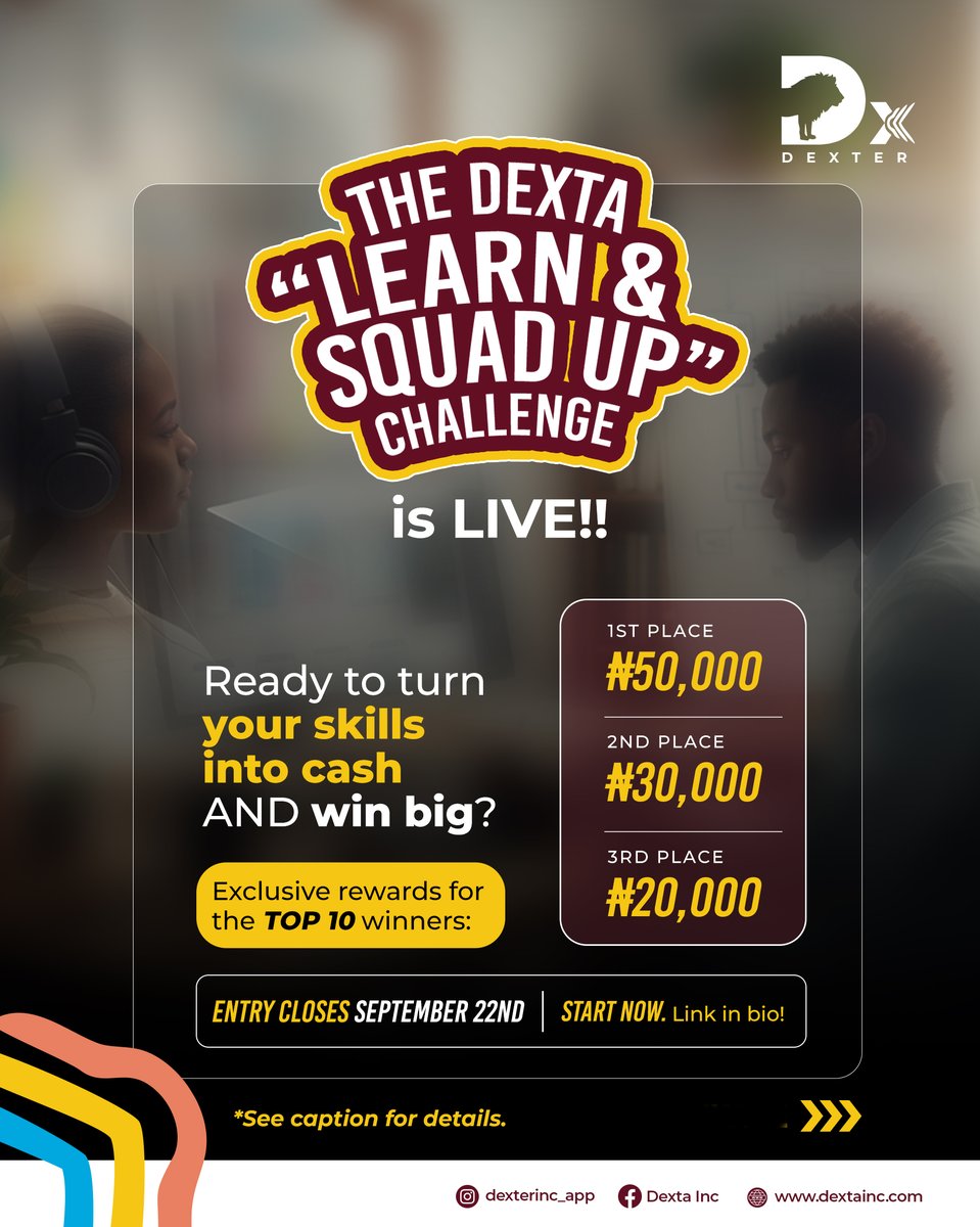 dextainc's tweet image. Yet to start your journey to winning big?

1️⃣ Follow our page

2️⃣ Sign up on DEXTA (app.dextainc.com)

3️⃣ Invite 3 friends to sign up

4️⃣ Complete 1 mini-course 🎓

5️⃣ Share your results, tag us, and use #DextaSquadChallenge

Entry closes on Sep 22nd.