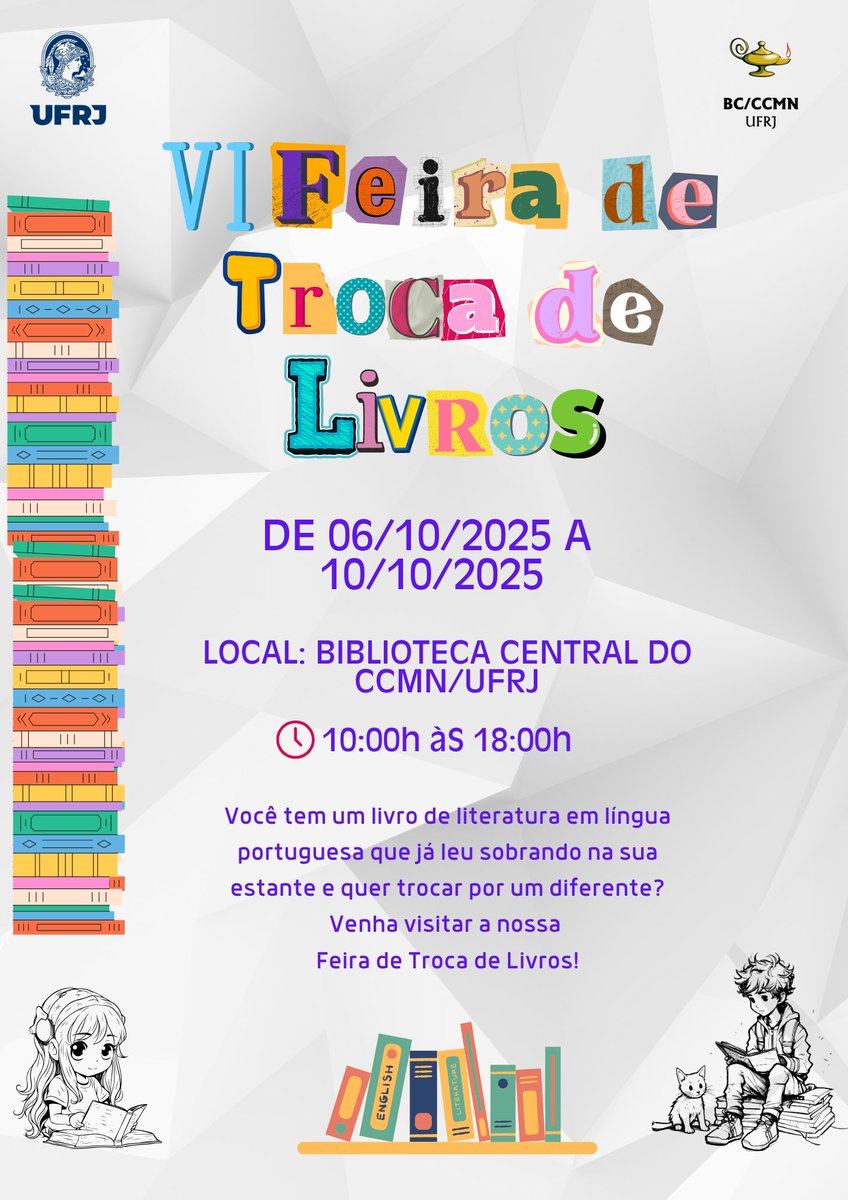 📚 Começa hoje a 6º edição da feira de troca de livros da Biblioteca Central do CCMN!

📅 06/10/2025 a 10/10/2025
🕗 10:00 às 18:00h

Para participar, basta trazer um livro de literatura (romance, ficção, etc), em língua portuguesa e bom estado e trocar por outro de seu interesse