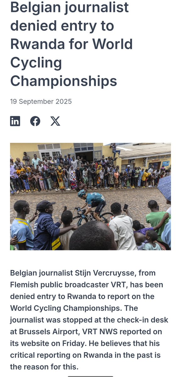 FactsOnRwanda's tweet photo. 6️⃣ DRC &amp; Belgium often spend heavily to smear Rwanda’s image. Ahead of #UCIKigali2025, anti-Rwanda headlines flew—incl. a Belgian “journalist visa denial” hoax. Truth: he wasn’t a UCI sports reporter, lacked credentials, &amp; couldn’t be accredited. #Kigali2025 #FactsOnRwanda https://t.co/dgiwLWXiDe