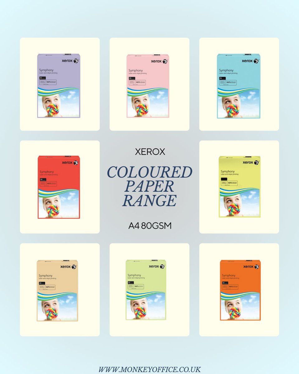 Show off your creativity and talent with the Xerox Symphony Coloured Paper Range. Available in a multitude of colours, all A4 ad 80gsm, there is something for everyone. 
Shop below:
monkeyoffice.co.uk/office-supplie…