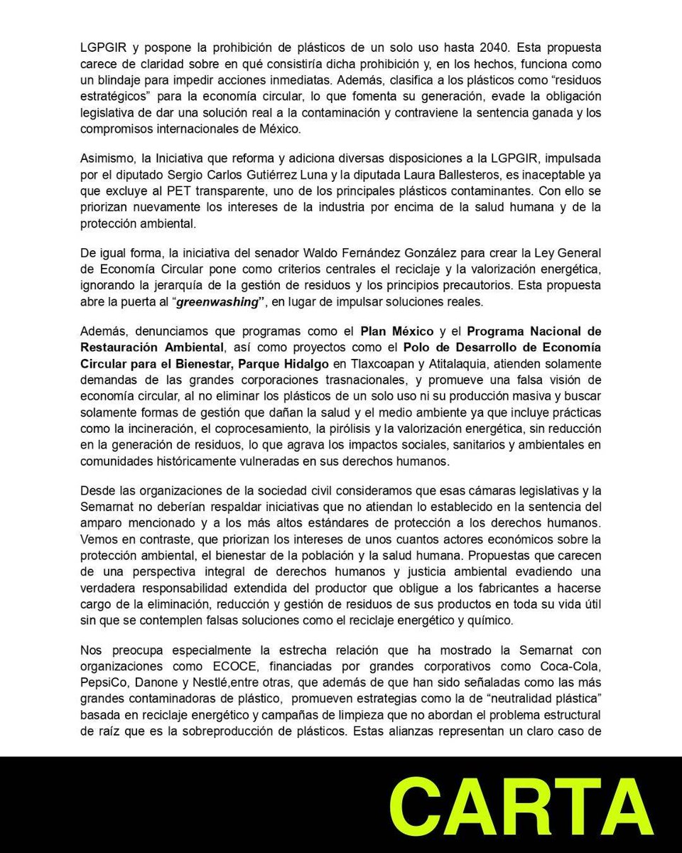 revistaNEB's tweet photo. Las organizaciones civiles vemos con preocupación que el Congreso de la Unión y SEMARNAT impulsen leyes y proyectos que favorecen a las grandes industrias y perpetúen la producción de #plásticos de un solo uso. https://t.co/e7tnWhIXPd