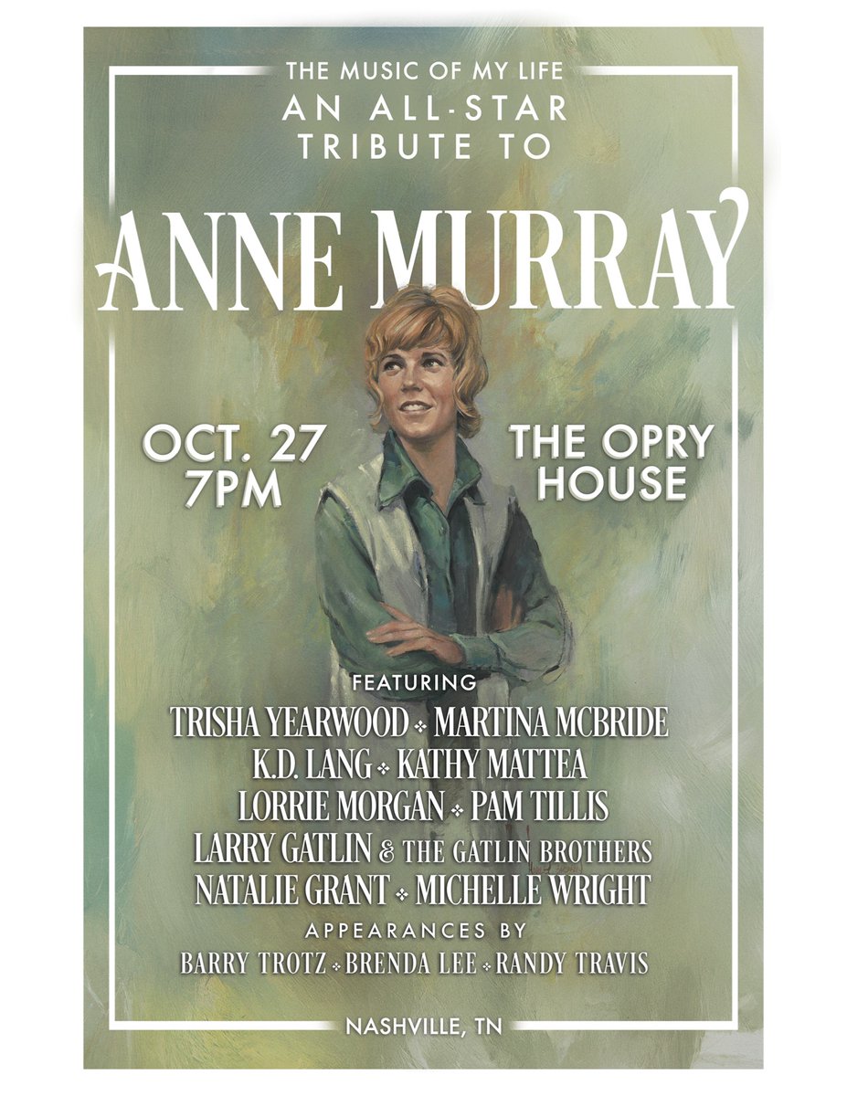 annemurray1's tweet image. Join Anne as she is honored in a celebration by Country Music’s greatest performers at The Opry House in Nashville on October 27th! 

Don’t miss this concert event of the year! Artist Presale starts at 10:00am TODAY!  Use code: FOREVER

Get tickets at: bit.ly/AnneMurrayNash…
