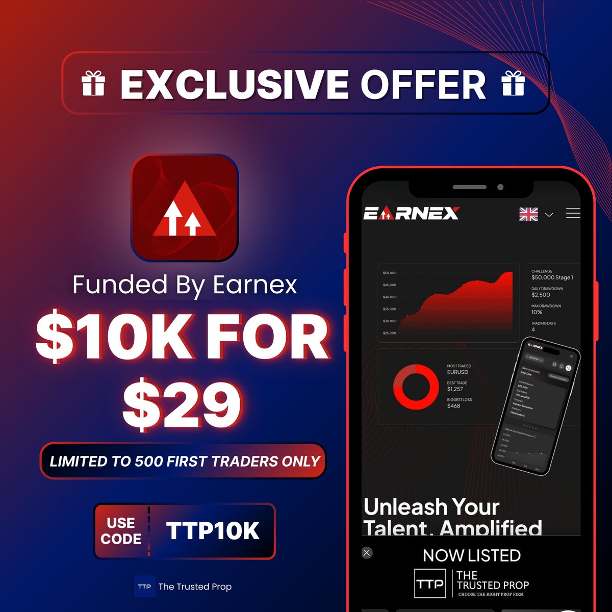 🚨 Exclusive Deal 🚨

🔥 Get $10K Funded Account for just $29 with Earnex

🎁First 100 Purchase will receive free account upon payout

🎯 Limited to first 500 traders only!

💳 Use Code: TTP10K at checkout

👉 Must purchase with this link : zurl.co/FUmEG