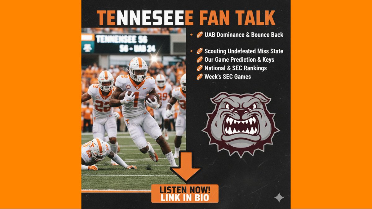 TNFanTalk's tweet photo. 🚨 New Episode of TN Fan Talk 🚨
Vols roll past UAB, but can they keep it going against an undefeated Mississippi State? 🟠🐶
We break down the win, the matchup, and the biggest SEC storylines heading into a loaded weekend.
🎧 Listen now → #Vols #SECFootball #RockyTop https://t.co/SXPG93EuGN