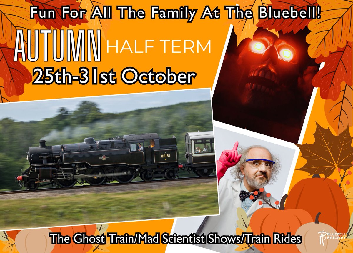 bluebellrailway's tweet image. 🎃 Half Term Fun – Oct 25–31! 🚂
👻 Ghost Train after dark
🧪 Mad Scientist Shows
🚂 Steam Train Rides through autumn countryside

Perfect for family days out – book now before tickets vanish!
👉 bluebell-railway.com

#BluebellRailway #HalfTermFun