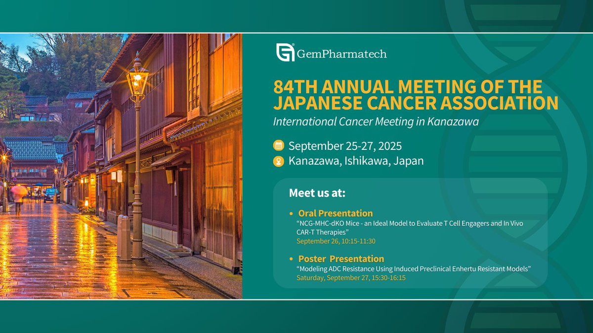 #GemPharmatech is thrilled to announce our participation in the 84th Annual Meeting of the Japanese #Cancer Association! Don’t miss our oral and  poster presentations by Dr. Shiying Guo. 
Let's create some amazing memories in Kanazawa! 
#JapaneseCancerAssociation #JCA25 #JCA
