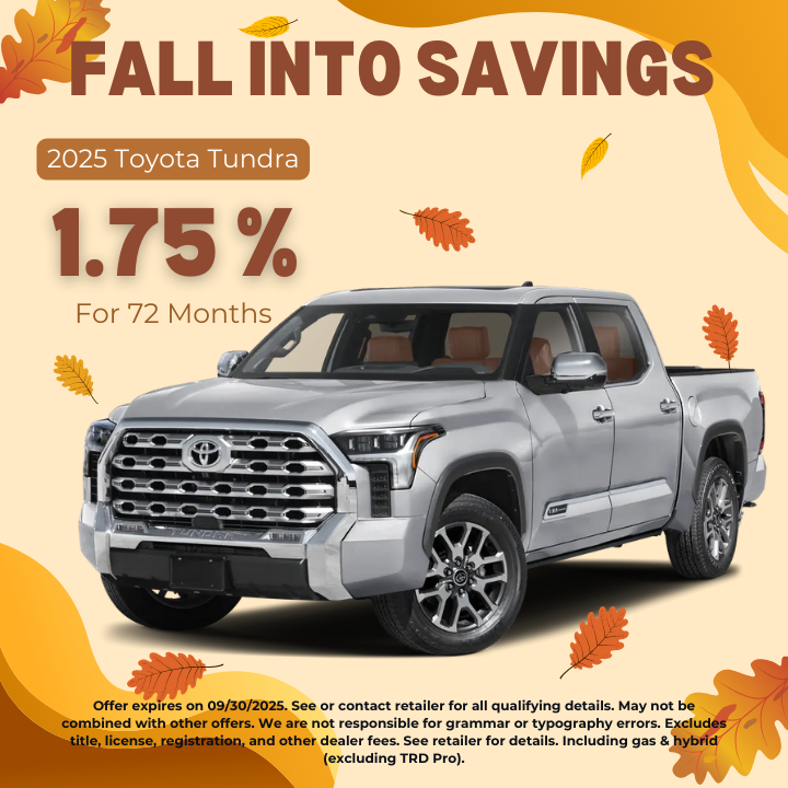 ToyotaSedalia's tweet photo. ๐ป๐ฅ Fall into BIG savings at Toyota of Sedalia!
Get 1.75% APR for 72 months on the 2025 Tundra โ gas & hybrid models (excludes TRD Pro).
๐
Offer ends 9/30/25
Click here to browse: https://t.co/a39oH9JLql
#ToyotaOfSedalia #Tundra #TruckDeals #FallFinance ๐๐ฐ https://t.co/M2MHhAXkB6