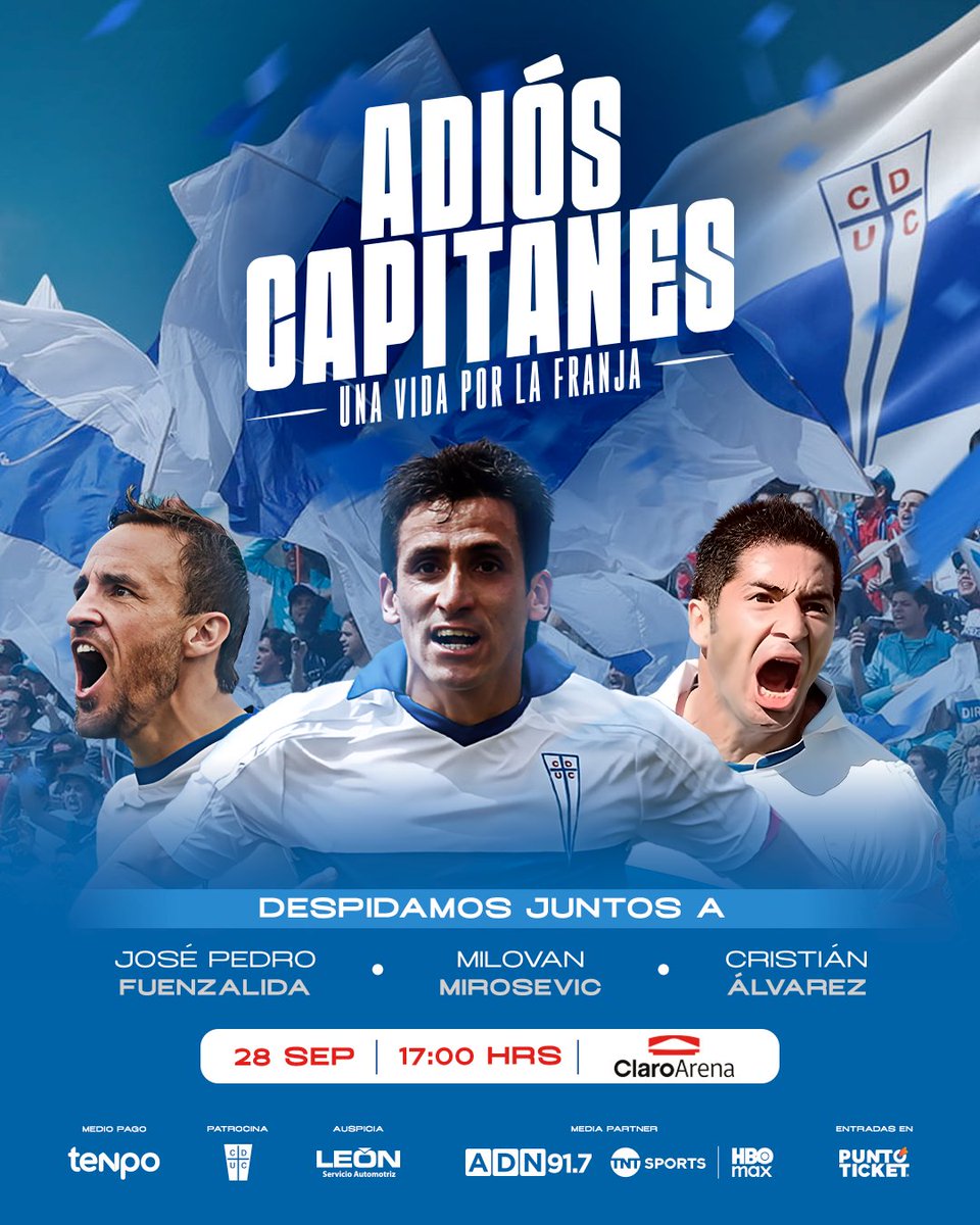 ¡Será una día inolvidable para todo aquel que ame a La Franja! 🤍💙

Este domingo 28 en nuestra casa volveremos a ver al Chapa, al Milo y al Huaso para celebrar y despedir a estos grandes históricos de #LosCruzados ⚪🔵

¡Quedan pocas entradas! 🎟️

➡️ puntoticket.com/adios-capitane…