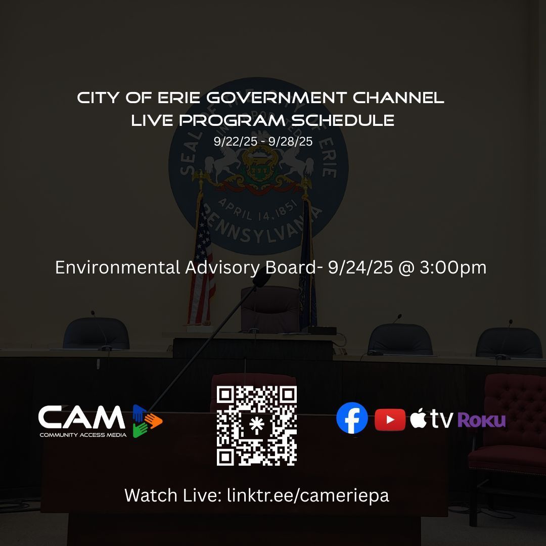 CAMEriePA's tweet image. Our weekly live programming lineup for the week of 9.22.25 to 9.28.25.  Explore our full schedule at camerie.org/vod. Catch the live broadcasts on Roku or Apple TV by installing our CAMEriePA app. #CAMERIEPA #LIVEPROGRAMMING #CITYOFERIE