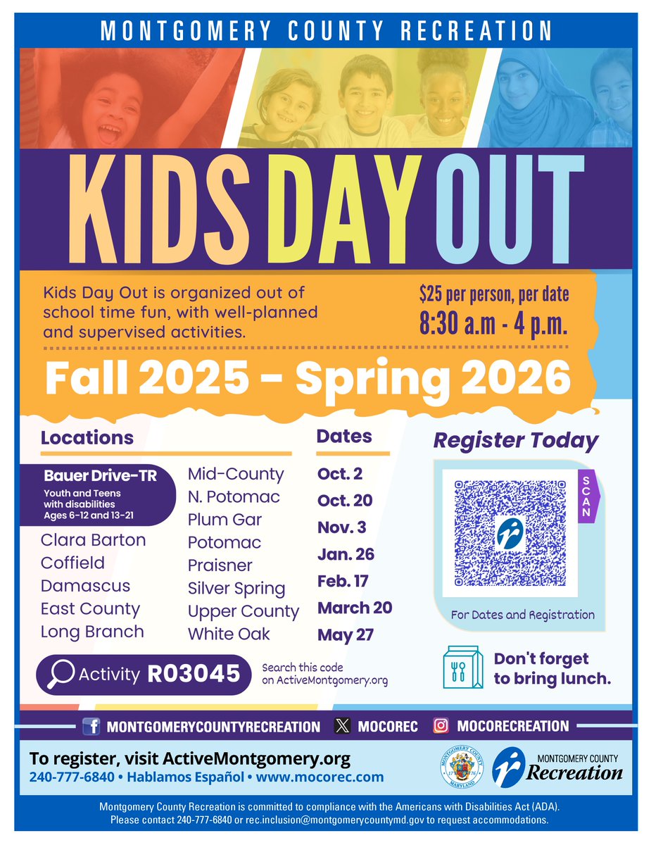 MoCoRec's tweet image. Kids Day Out returns for the school year beginning on Thursday, Oct. 2 with dynamic and organized out-of-school time fun for youth across a number of our #MoCoRec centers!
Check out all of the available locations and register through ActiveMONTGOMERY ➡️ ow.ly/nyxi50WZz6O.
