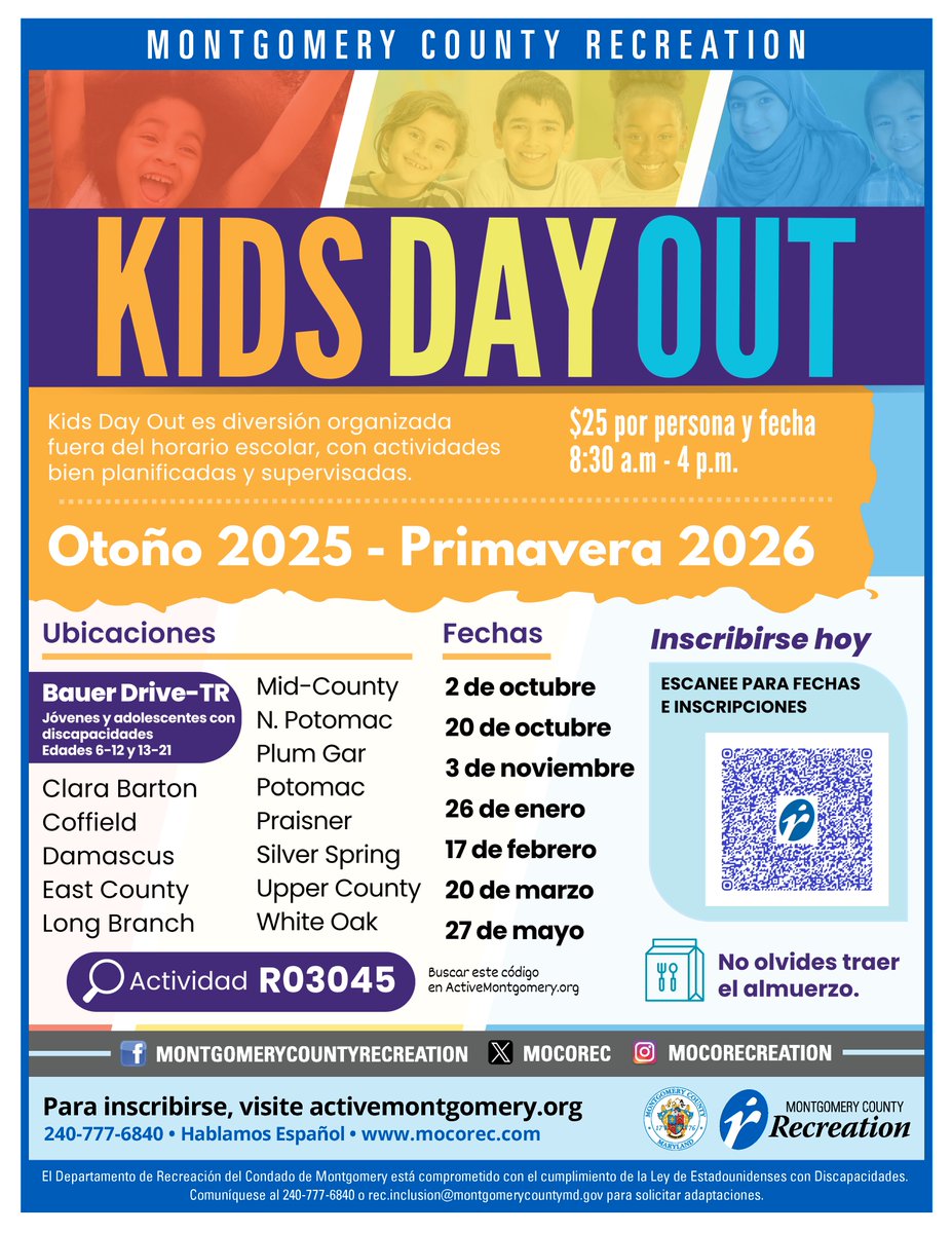 MoCoRec's tweet image. Kids Day Out returns for the school year beginning on Thursday, Oct. 2 with dynamic and organized out-of-school time fun for youth across a number of our #MoCoRec centers!
Check out all of the available locations and register through ActiveMONTGOMERY ➡️ ow.ly/nyxi50WZz6O.