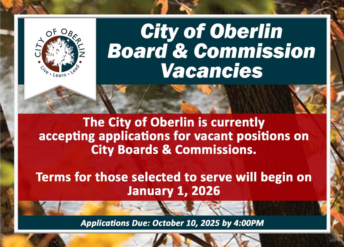 📢Serve your community on a City Board or Commission!
The City is accepting applications for Board &amp; Commission vacancies. Terms begin January 1, 2026.

🌟Applications Due October 10 at 4PM🌟

Apply Today⬇️
ow.ly/Ujyc50WZVp2

?s: Contact the Clerk of Council at 440-775-7203