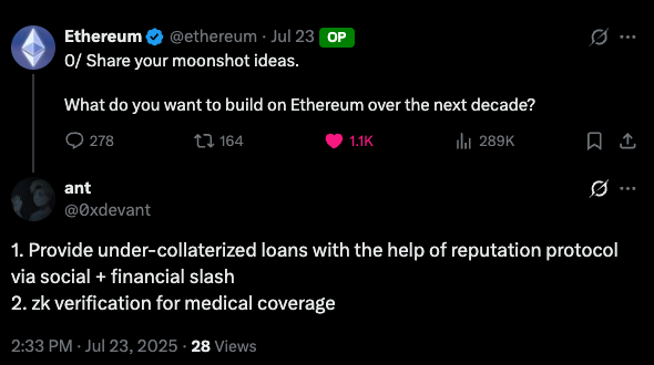 0xdevant's tweet image. I always use a "what financial service ppl will use in reality" &amp;amp; "grandma should know how to use" pov when building on Eth - I mentioned few months ago about building reputation-based under-collaterized loan but gotta wait for @ethos_network to have financial slashing in place😭