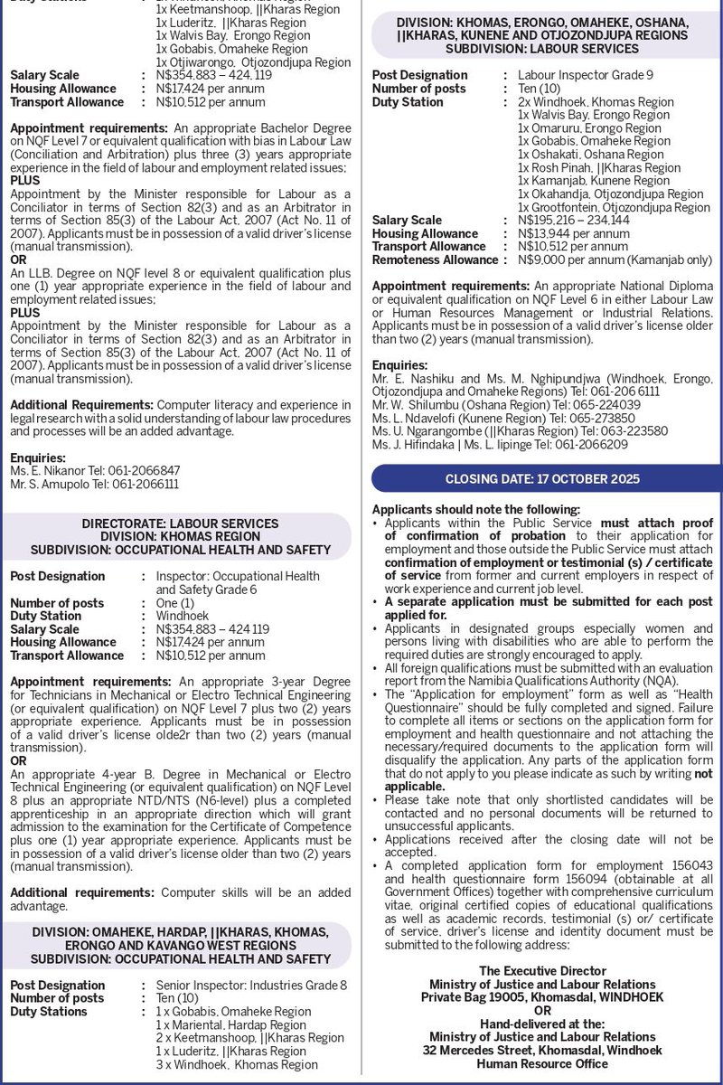 The Ministry of Justice &amp; Labour Relations has advertised vacancies in the New Era of 19 Sept 2025.

Closing date: 17 Oct 2025.
See the official advert for details &amp; requirements.