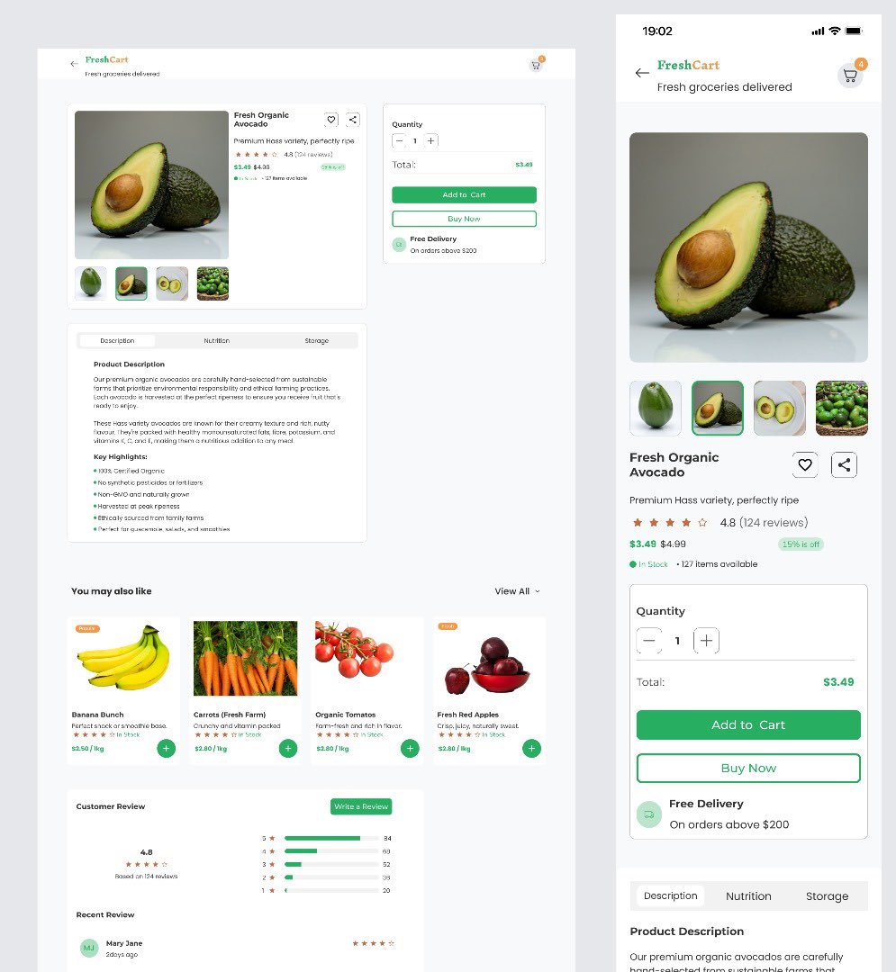 creativeZully's tweet image. Just wrapped up my FreshCart grocery app design 🛒✨
Tried to make the flow smoother:
Home - Shop - Product Detail - Checkout

Sharing mockups + a prototype demo 🎥
I’m open to corrections &amp;amp; ideas 🙏
What do you think could make this experience even better?
#UXUIdesign #figma