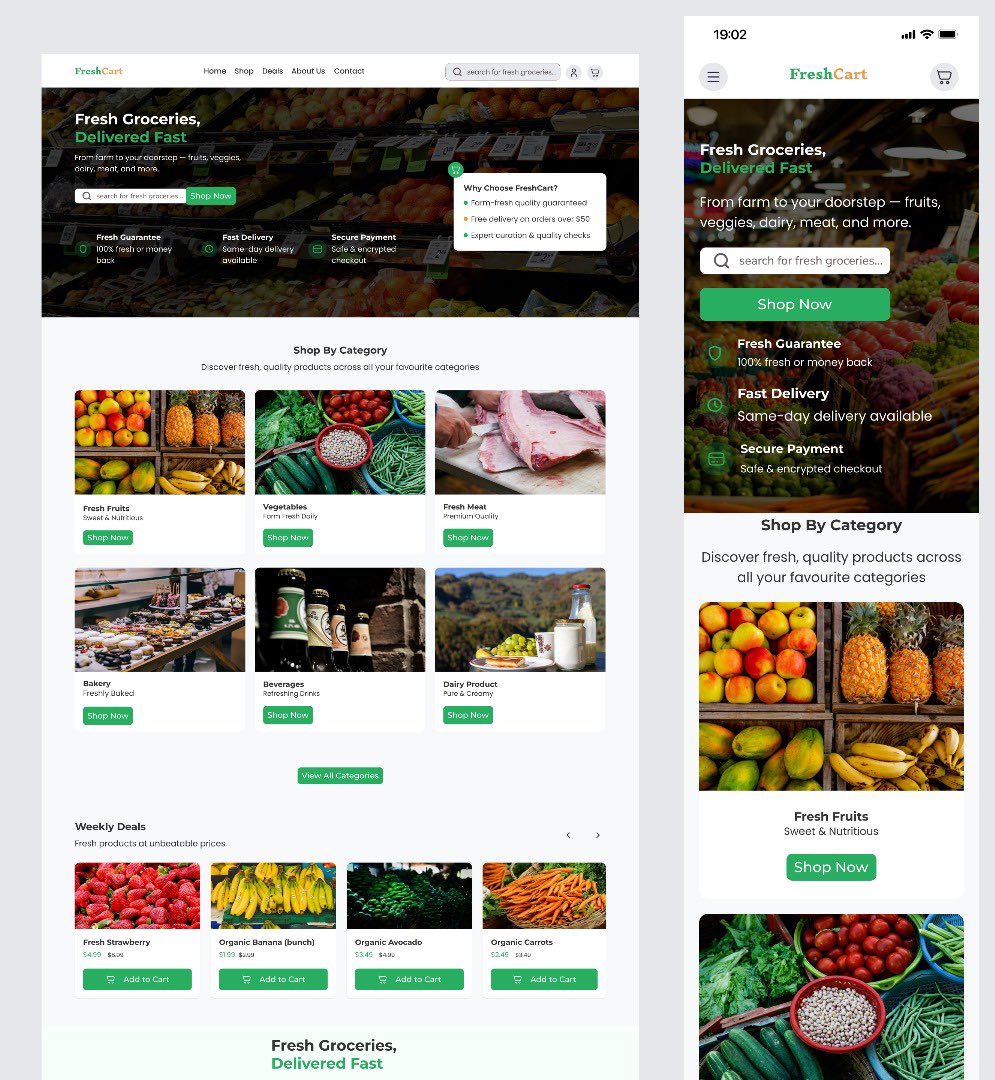 creativeZully's tweet image. Just wrapped up my FreshCart grocery app design 🛒✨
Tried to make the flow smoother:
Home - Shop - Product Detail - Checkout

Sharing mockups + a prototype demo 🎥
I’m open to corrections &amp;amp; ideas 🙏
What do you think could make this experience even better?
#UXUIdesign #figma