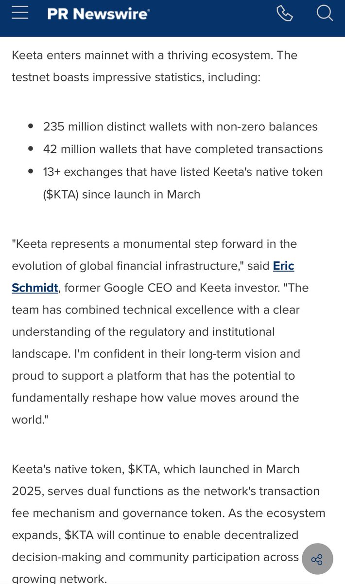 The official $KTA <a href="/KeetaNetwork/">Keeta</a> press release contains new quotes from <a href="/ericschmidt/">Eric Schmidt</a>:

——————-

“Keeta represents a monumental step forward in the evolution of global financial infrastructure,” said Eric Schmidt, former Google CEO and Keeta investor. “The team has combined