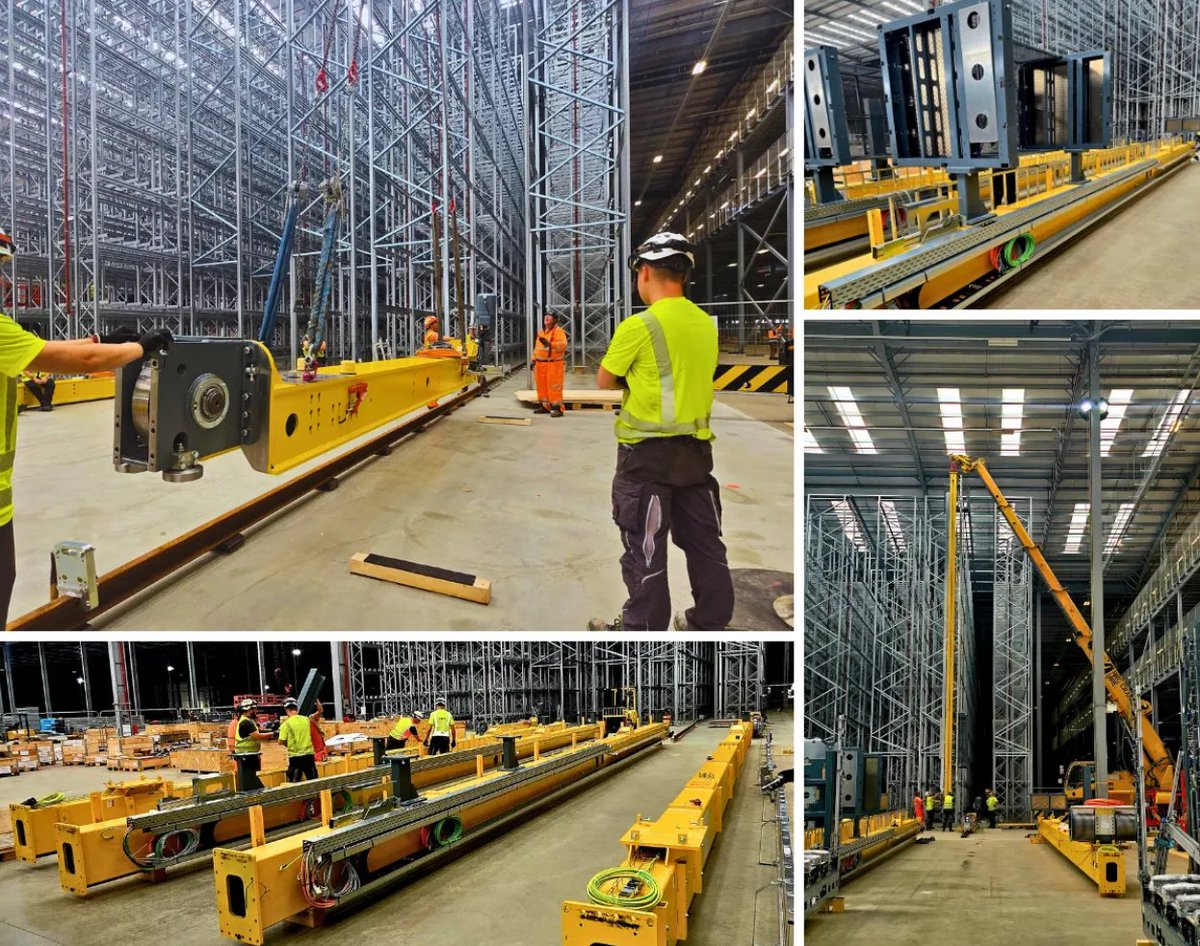 SpacemakerInc's tweet image. 📌Installation of high-bay crane systems at Yusen Logistics’ Sustainable Distribution Centre in Northampton, working in tandem with Spacemaker’s QuadAxis Pro® shuttles to enable seamless pallet movement across both ambient and temperature-controlled chambers.