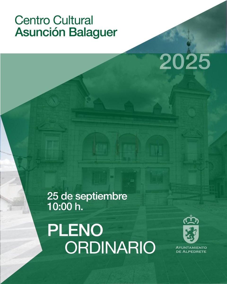 📢Pleno ordinario📢

📅Jueves 25 de septiembre
🕢10:00 horas
📍Centro Cultural Asunción Balaguer
🌐La sesión será retransmitida a través del canal del canal de plenos del ayuntamiento:
iframe.dacast.com/live/f265272ec…

ℹ️Consulta el orden del día en Alpedrete.es . Accede desde