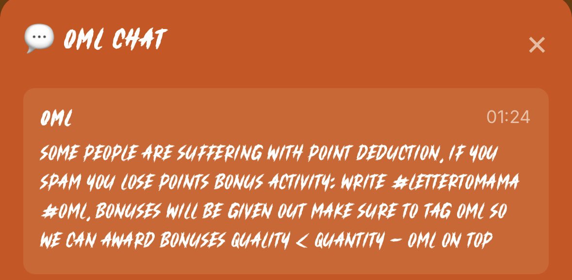 Tick tock, 3 days left

Every post, every interaction counts so now is the time to lock them in

We got some info about points bonus activities: make sure to always add #OML, #LETTERTOMAMA and always tag <a href="/__O_M_L__/">OML</a> to your posts🐀🐀