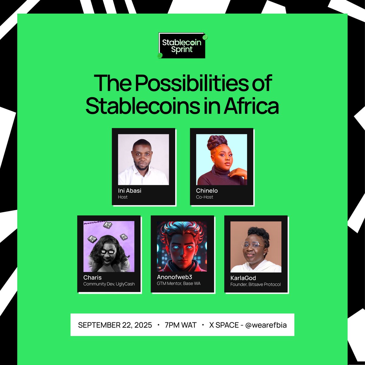 FBI Africa (@wearefbia) on Twitter photo The kickoff of the Stablecoin Sprint is today!
Join us on a space tonight as we launch the sprint talking about:
“The Possibilities of Stablecoins in Africa”
With Stablecoin maestros;
<a href="/__iamcharis/">NKECHI ENEBELI | UGLYCASH — ✈️OnchainFest25</a>
<a href="/Anonofweb3/">ANON 🎭</a>
<a href="/_karlagod/">karlagod.eth-#Bitsave || Borderless4.0 #GG24</a>
🎙️Hosts <a href="/iaminiekanem/">iamini.base.eth✈️OnchainFest25</a> and Chinelo
⏰ Time: 7:00pm WAT The kickoff of the Stablecoin Sprint is today!
Join us on a space tonight as we launch the sprint talking about:
“The Possibilities of Stablecoins in Africa”
With Stablecoin maestros;
<a href="/__iamcharis/">NKECHI ENEBELI | UGLYCASH — ✈️OnchainFest25</a>
<a href="/Anonofweb3/">ANON 🎭</a>
<a href="/_karlagod/">karlagod.eth-#Bitsave || Borderless4.0 #GG24</a>
🎙️Hosts <a href="/iaminiekanem/">iamini.base.eth✈️OnchainFest25</a> and Chinelo
⏰ Time: 7:00pm WAT