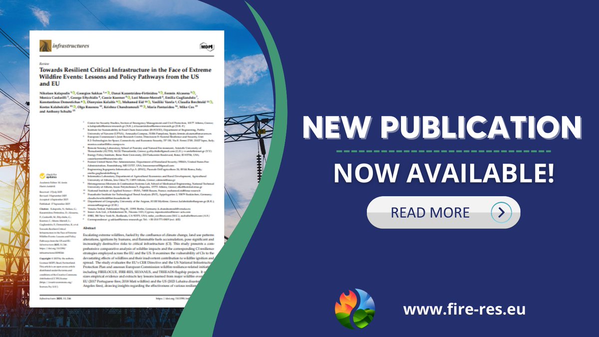 FIRERESProject's tweet photo. New FIRE-RES publication out now! 🆕#EWEs affect critical infrastructure 🚧Check this paper on @InfrastructMDPI: a comparative analysis of how the 🇪🇺 &amp; 🇺🇸are addressing the issue, with contributions from our partners @uaegean. Read the full paper here 🔗https://t.co/bOSfBqzCxX https://t.co/T4PsQZkm8K