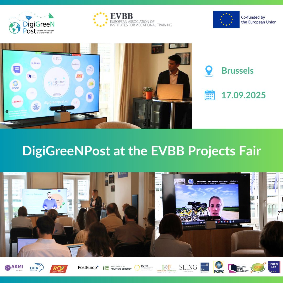 The postal sector, with 1.8M+ workers, is going green &amp; digital. 🌍💻 At #EVBB Fair 2025, #DigiGreeNPost united 13 partners to boost skills, cut emissions &amp; drive innovation in Europe's postal future. 📬✨ #Skills #Sustainability