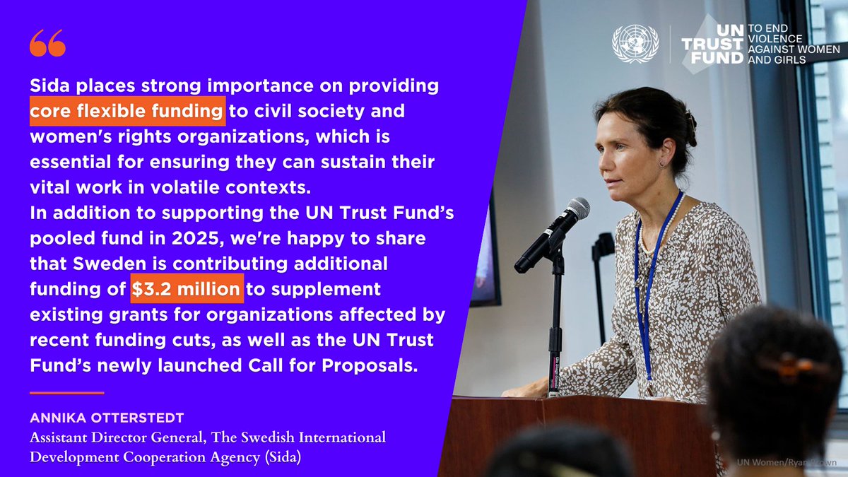 On this occasion, #UNTF long-standing partner <a href="/Sida/">Sida</a> reaffirmed its leadership and commitment to supporting CSOs/WROs working to end #VAWG in a global context of funding cuts. 
The additional contribution of $3.2 million will allow women’s organizations to keep their doors open,
