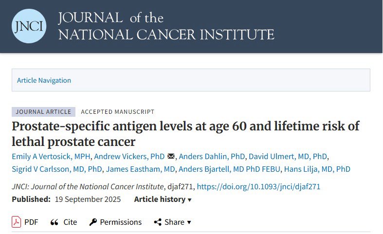 DrYukselUrun's tweet image. Men with PSA &lt;1–2 ng/ml at 60 are very unlikely to die from prostate cancer. Screening them again may just cause harm, not help.
#ProstateCancer
@JNCI_Now @APCCC_Lugano @PCFnews
doi.org/10.1093/jnci/d…