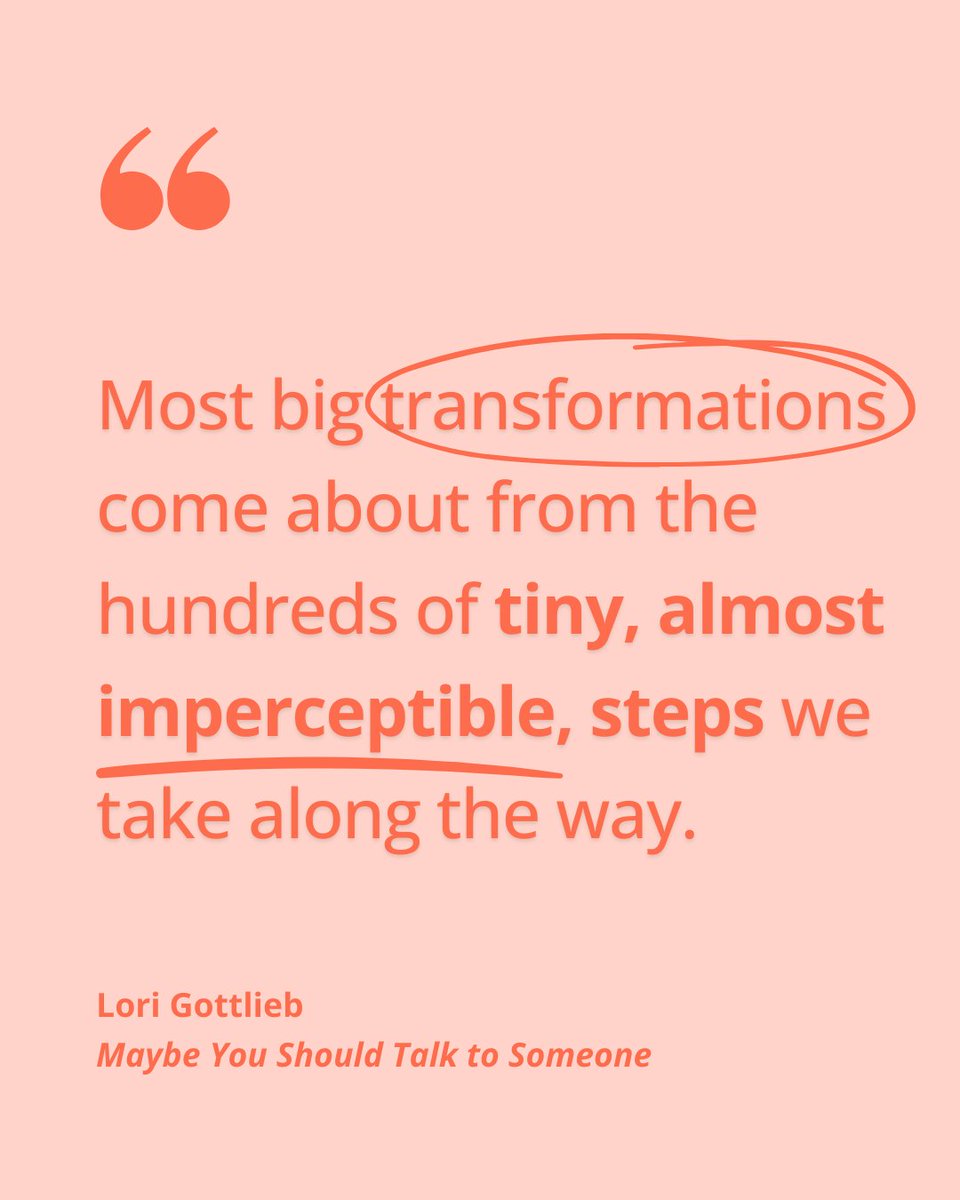 LoriGottlieb1's tweet image. We think change has to be dramatic—an overnight breakthrough, a total reinvention. But the truth is, the most meaningful transformations usually come from the tiniest steps. You take one teensy step, then another, then another.

In #MaybeYouShouldTalkToSomeone, I write about how…