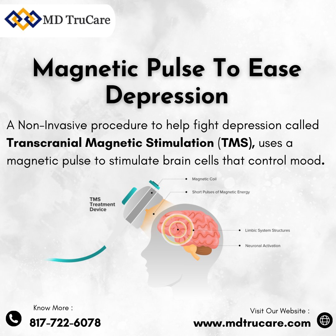 mdtrucare's tweet photo. Transcranial Magnetic Stimulation (TMS) is a non-invasive, FDA-approved treatment that uses gentle magnetic pulses to stimulate specific areas of the brain involved in mood regulation.

Book An Appointment - 817-722-6078
Visit Our Website - https://t.co/vquhc4QBa5 https://t.co/IsBYfoPoWP