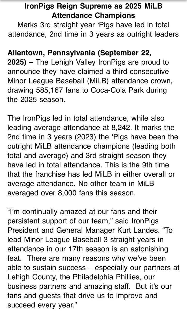 Cool note from <a href="/IronPigs/">Lehigh Valley IronPigs</a>: They led the entire minor leagues in attendance for the third-straight season: