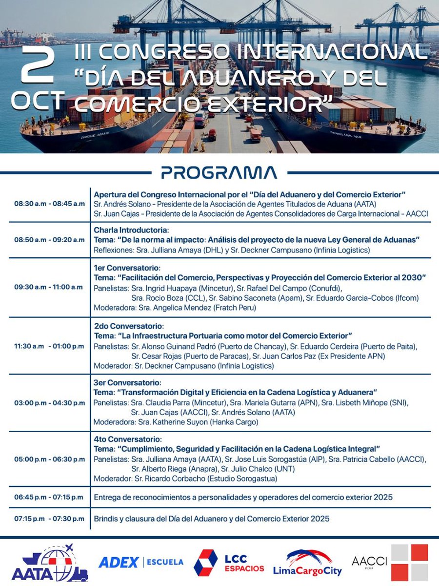 aataperu's tweet photo. 🔍 ¡Compartimos el programa del III Día del Aduanero y del Comercio Exterior! Nos vemos en una nueva maratón aduanera con cuatro magistrales conversatorios sobre logística internacional, normativa aduanera y comercio exterior

🔗Registro de Inscripción: https://t.co/I1uAWtIgx3 https://t.co/LtiluSiCqN