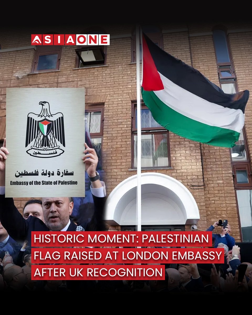 AsiaOne_News's tweet photo. Historic Moment: Palestinian Flag Raised at London Embassy After UK Recognition | Asia One News 

#AsiaOne #asiaonenews #Englishnews #PalestinianFlag #LondonEmbassy #UKRecognition #PalestineStatehood #historicmoment https://t.co/9MR2oA0jGL