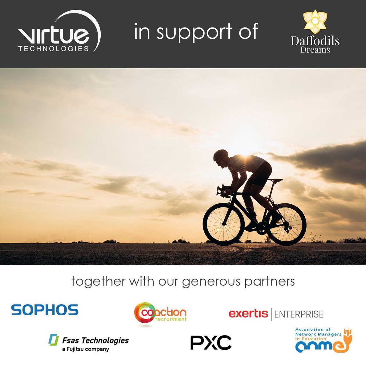 Pedal. Power. Purpose. Bike-a-thon, here we come! 🚴 

Tomorrow we are taking part in a Bike-a-thon challenge, in support of Daffodils Dreams! 💛 

Click here to support the cause via our JustGiving page: justgiving.com/crowdfunding/v…  

<a href="/Sophos/">Sophos</a> <a href="/Fujitsu_Global/">Fujitsu Global</a> <a href="/TheANME/">The ANME</a>