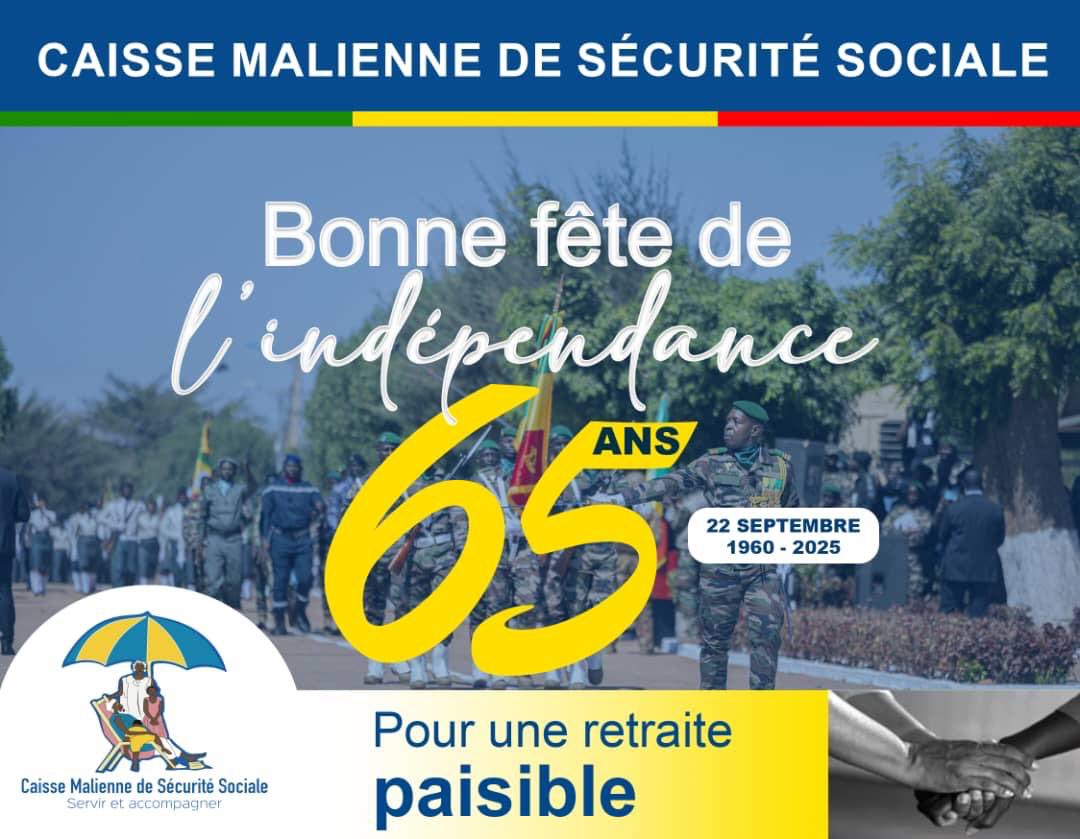 À l’occasion du 22 septembre, le Directeur Général de la Caisse Malienne de Sécurité Sociale ( CMSS), Ichaka KONE, souhaite une bonne fête d’indépendance à tous les maliens.

#22Septembre2025 #CMSS #ServirEtAccompagner