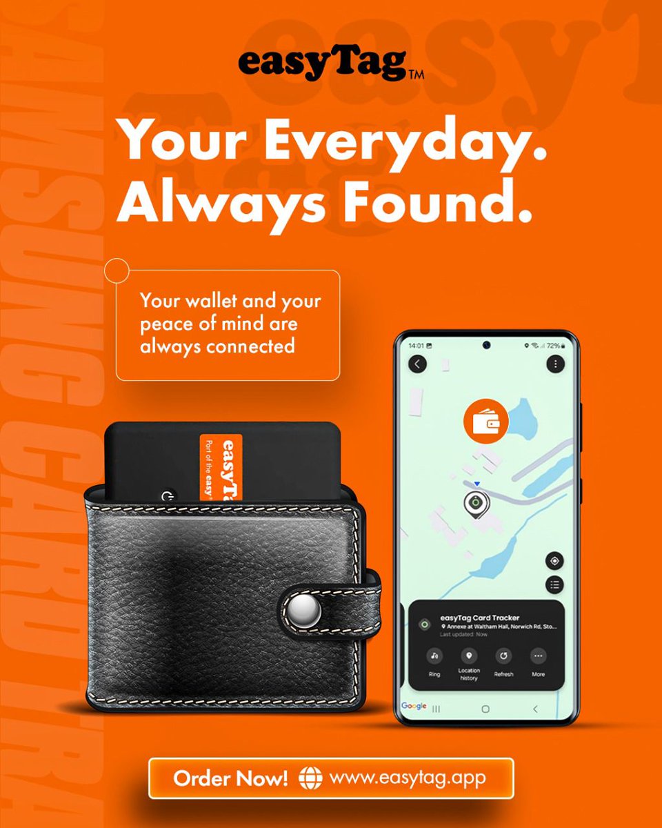 Your Everyday. Always Found. 💛
Your wallet and your peace of mind are always connected with easytag. Never worry about losing your essentials again.

✅ Smart Tracking – Locate your wallet, keys, or bag in seconds
✅ Instant Alerts – Know the moment your items move
✅ Compact &amp;